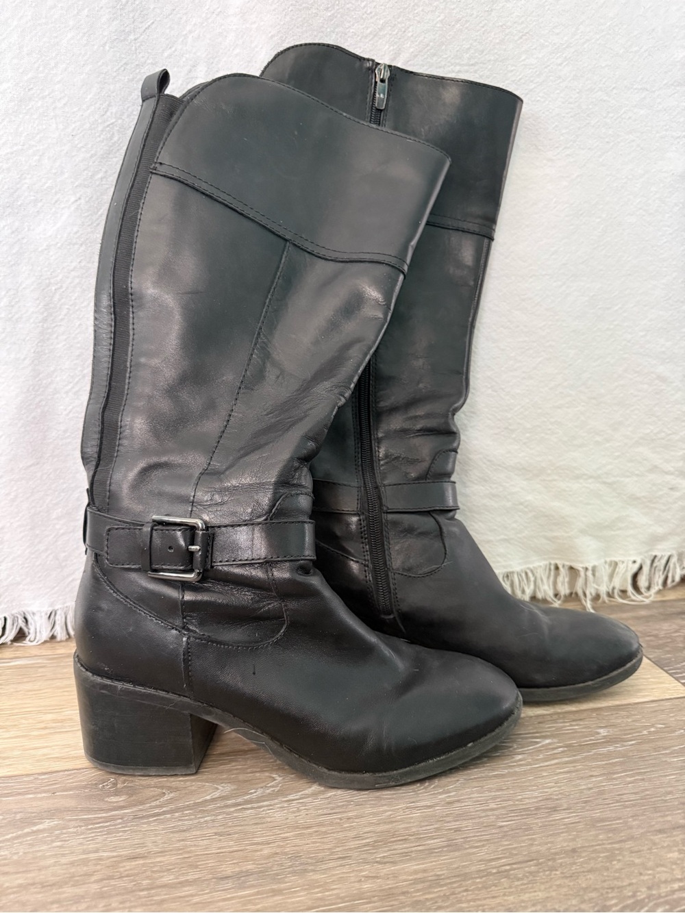 Marc Fischer Tall Wide-Calf Black Leather Riding Boots Sz 8.5